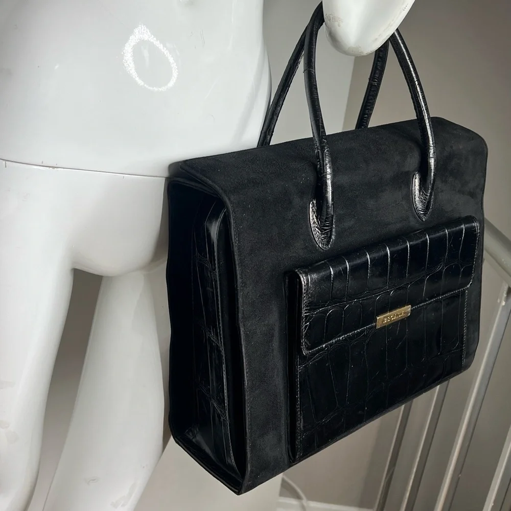 Escada Black Croc Embossed Leather Suede Pocket Structured Satchel Tote Bag